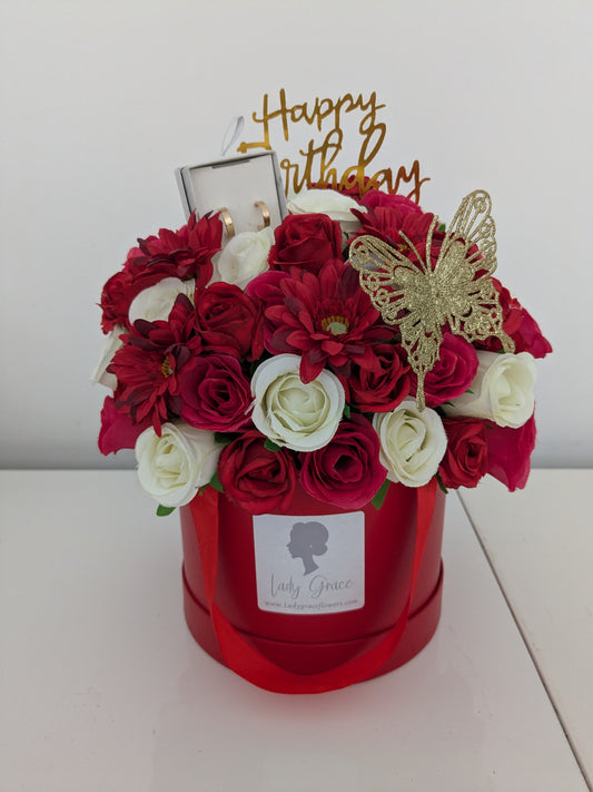 Birthday Red & Cream Hat Box of Joy Butterfly/Earrings Silk Flowers Gift