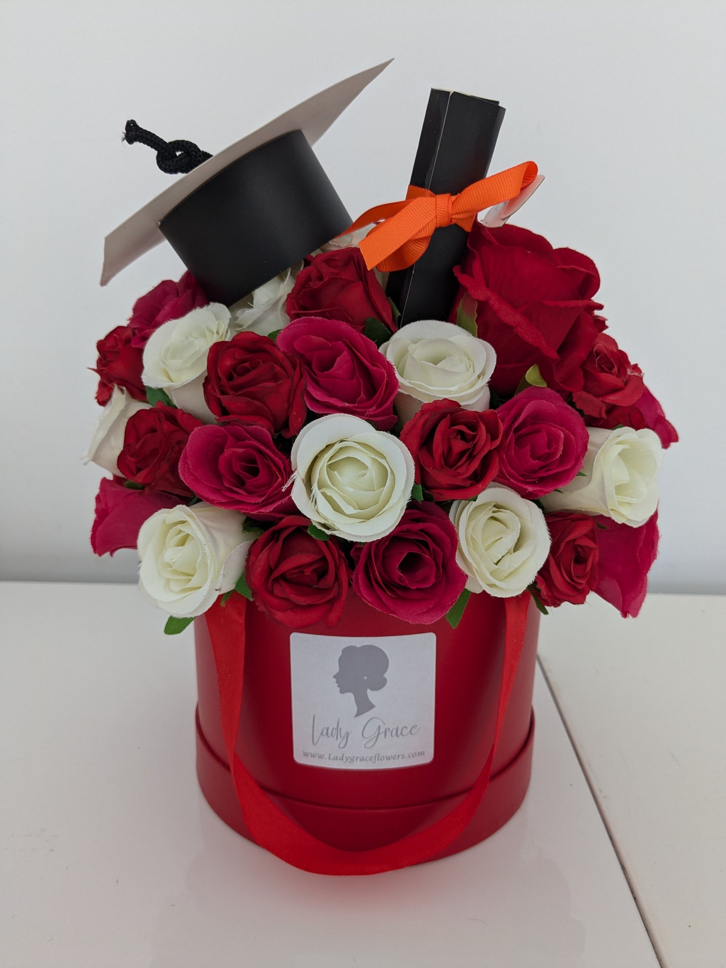 Graduation Red & Cream Hat Box of Joy Silk Flowers Gift