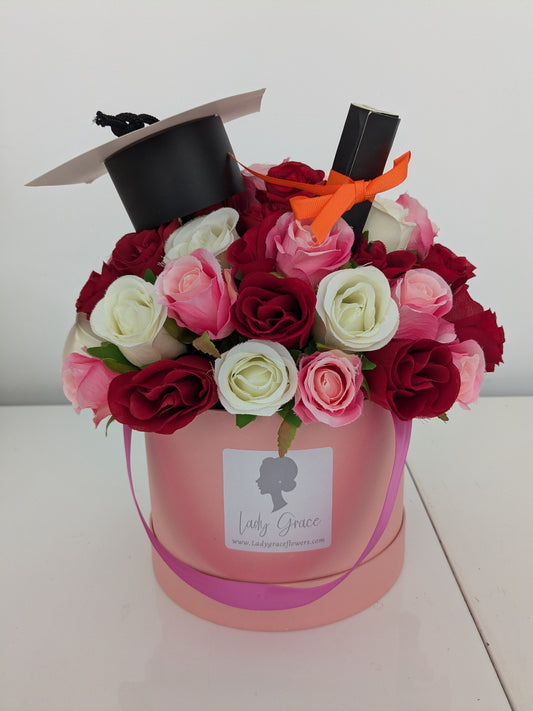 Graduation Red & Pink Hat Box of Joy Silk Flowers Gift