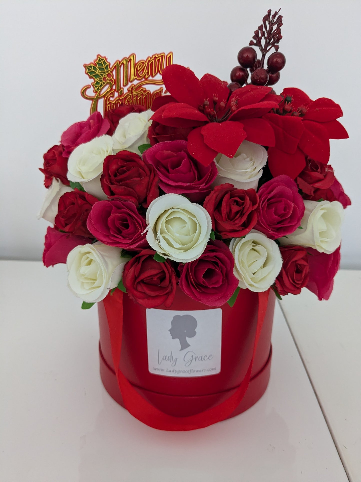 Christmas Berry Red & Cream Hat Box of Joy Silk Flowers Gift