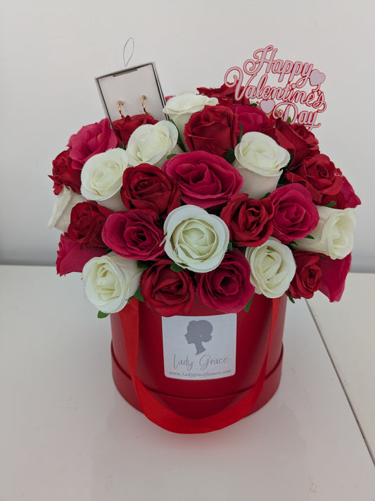 Valentines Red & Cream Hat Box of Joy Earrings Silk Flowers Gift