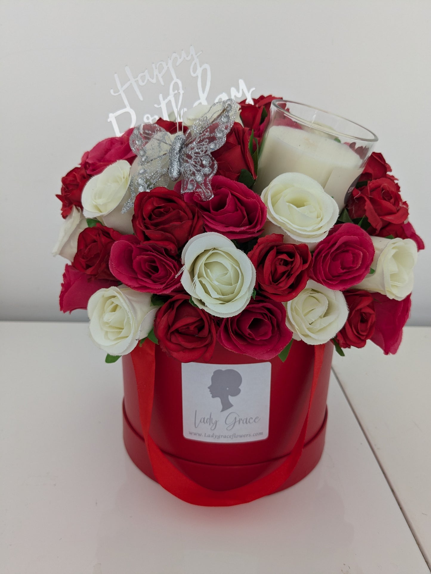 Birthday Red & Cream Butterfly Candle Hat Box of Joy Silk Flowers Gift