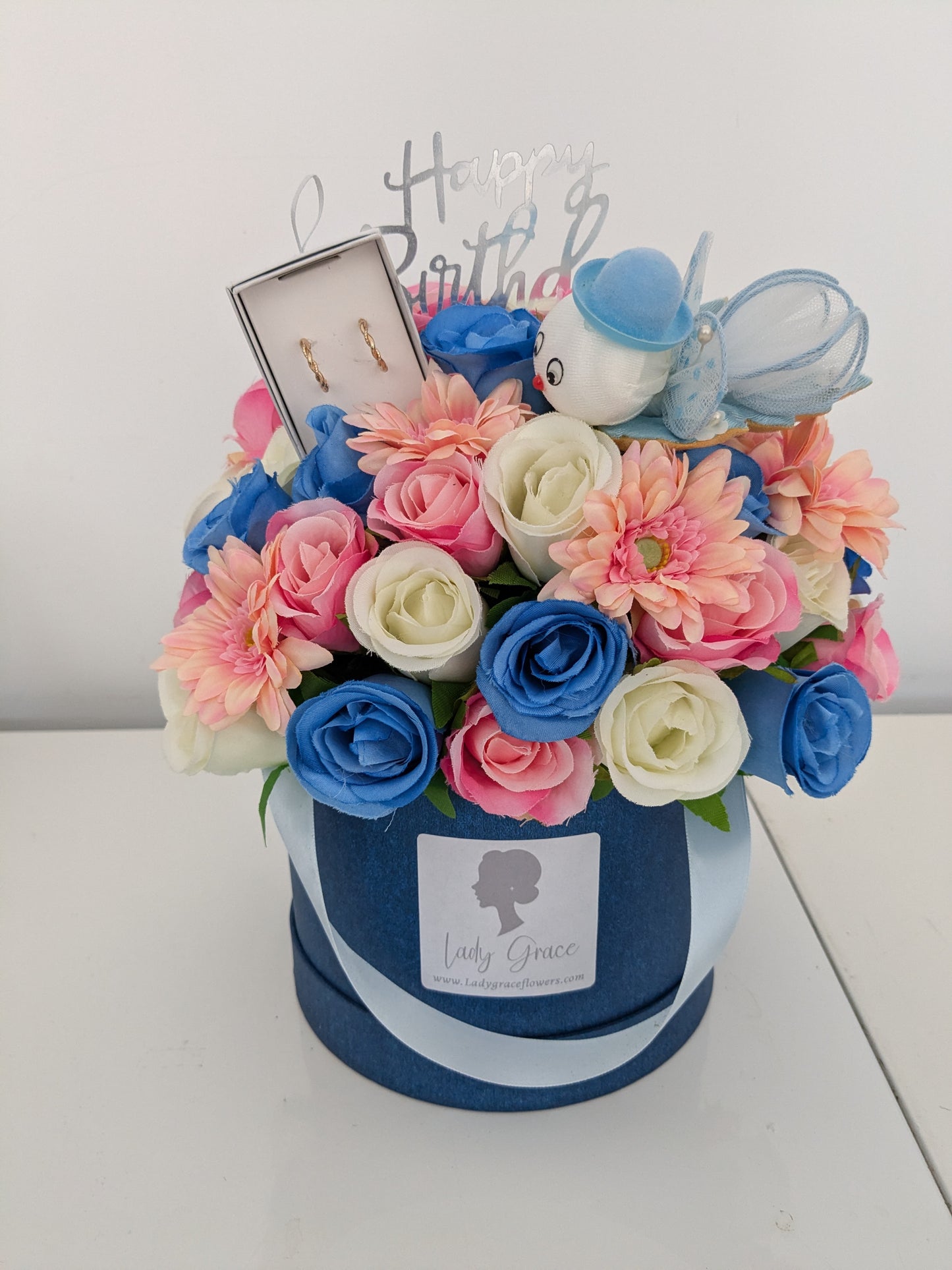 Birthday Blue & Pink Fairy Hat Box of Joy Silk Flowers Gift