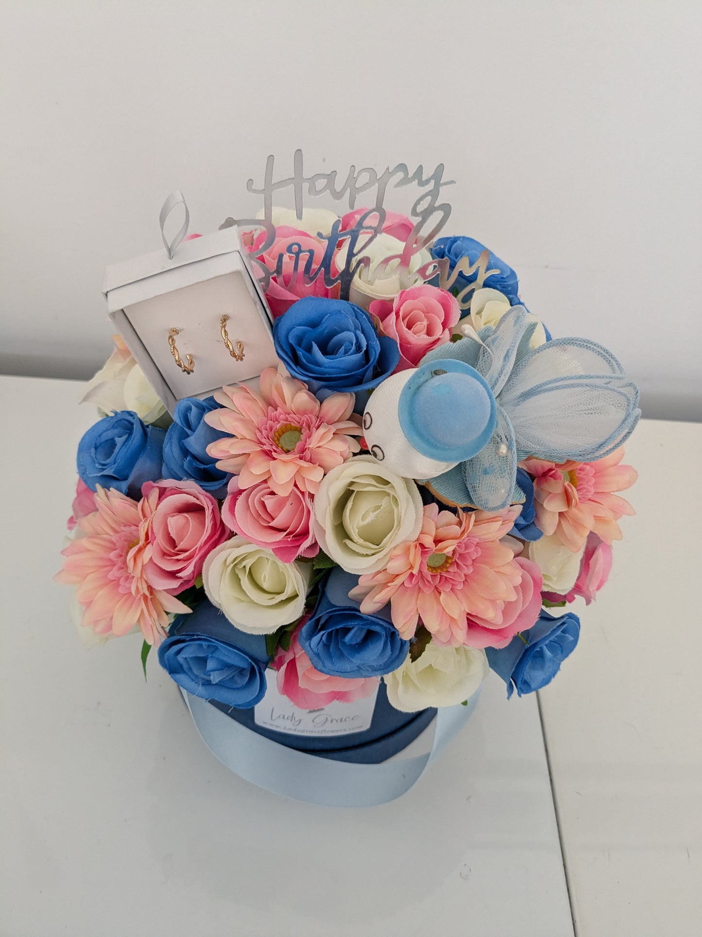 Birthday Blue & Pink Fairy Hat Box of Joy Silk Flowers Gift