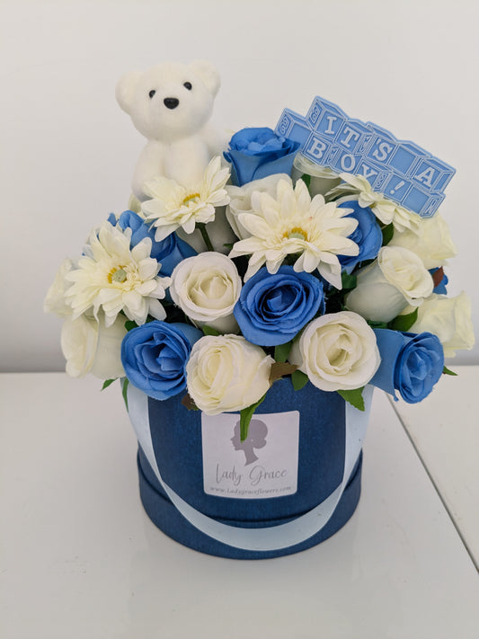 Baby Boy Blue Hat Box of Joy Silk Flowers Gift