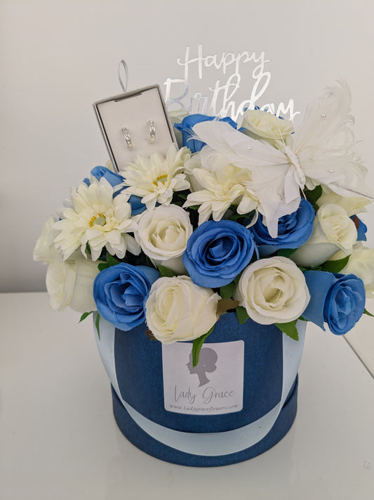 Birthday Blue & Cream Butterfly Hat Box of Joy Silk Flowers Gift