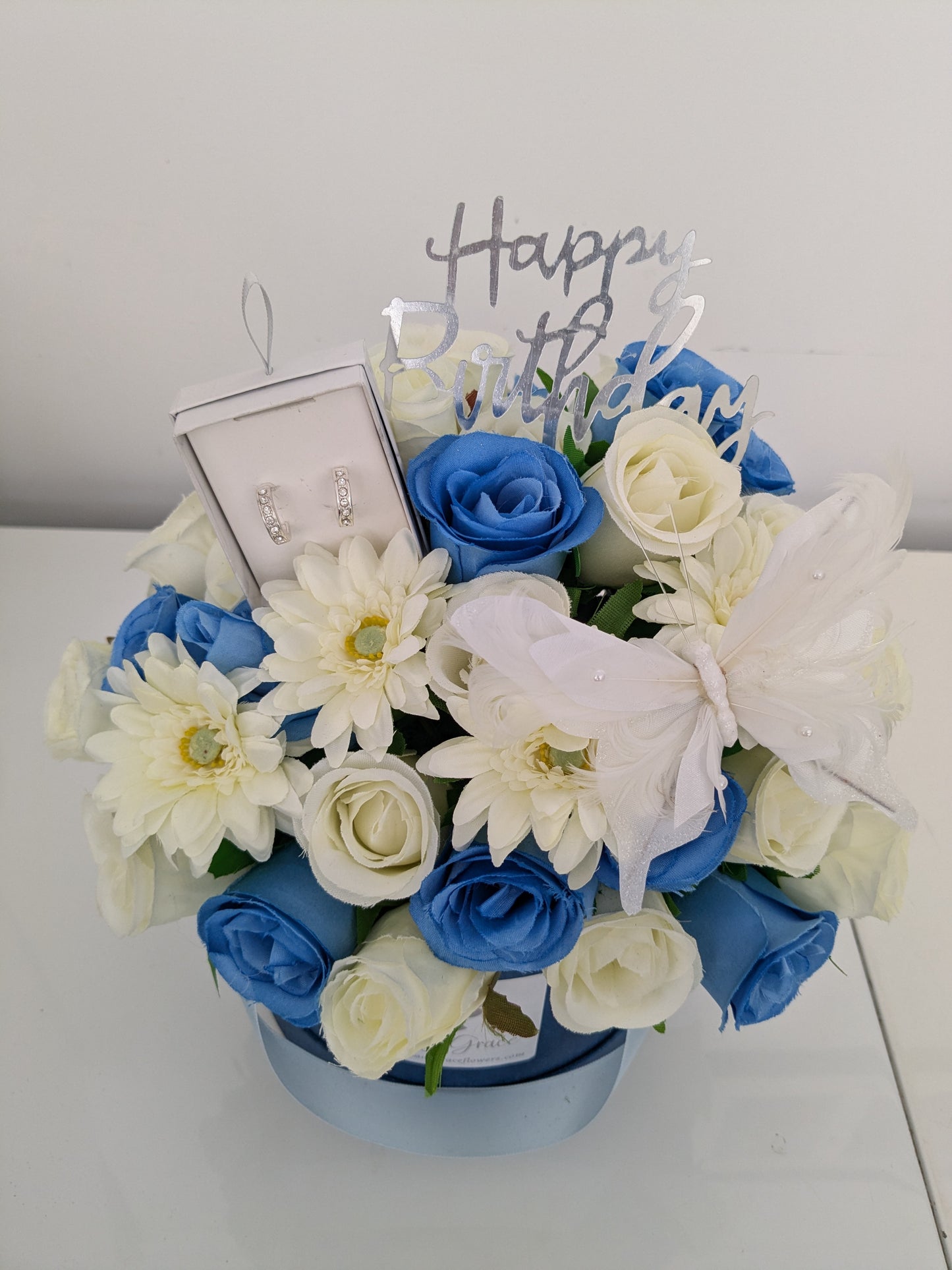 Birthday Blue & Cream Butterfly Hat Box of Joy Silk Flowers Gift