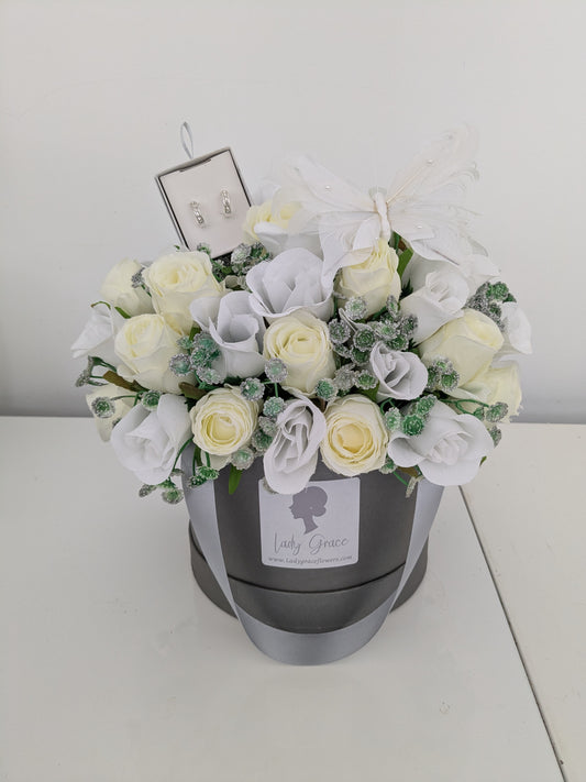 Winter White Hat Box of Joy Earrings Silk Flowers Gift