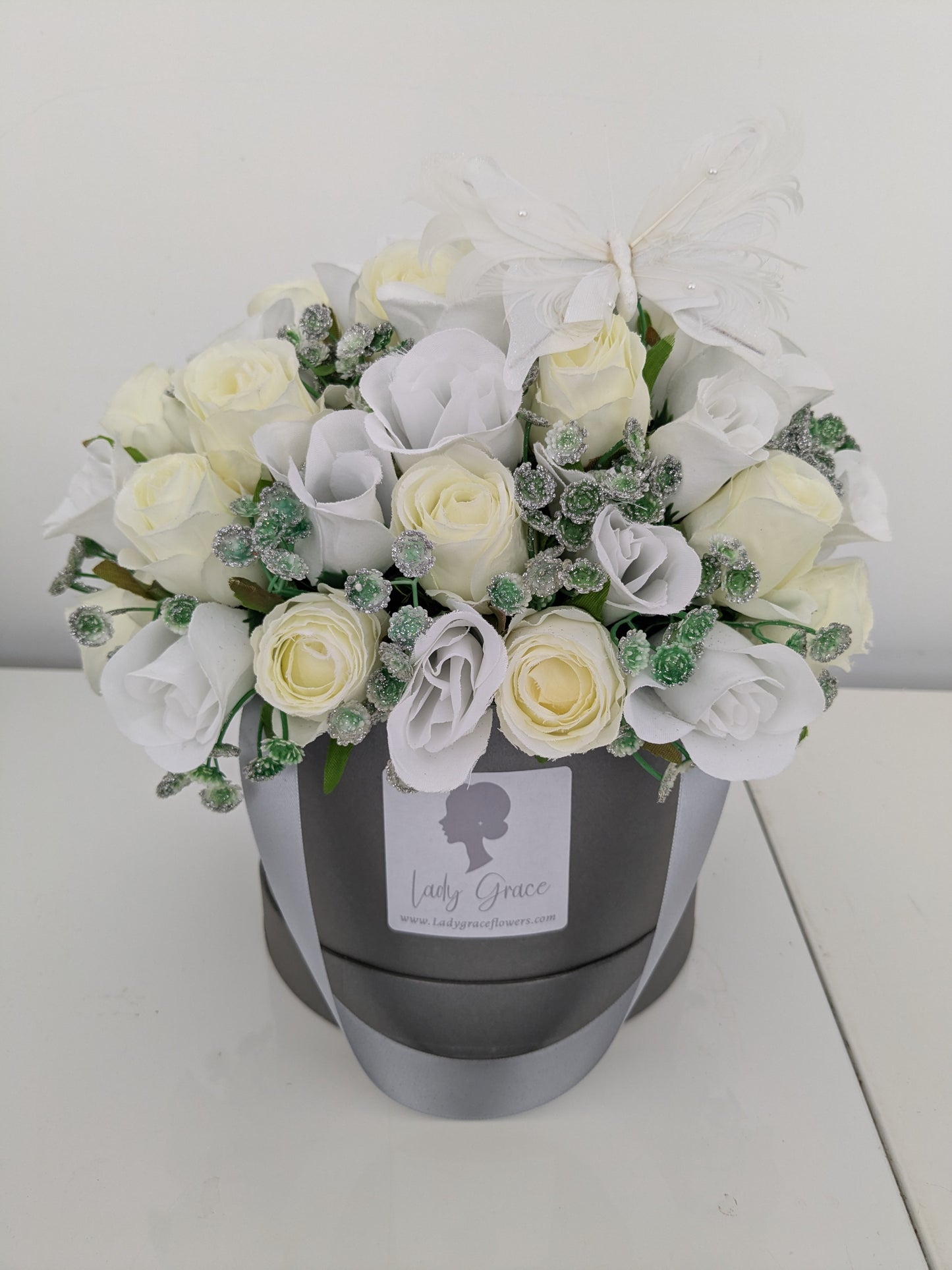 Silver & White Hat Box of Joy Silk Flowers Gift