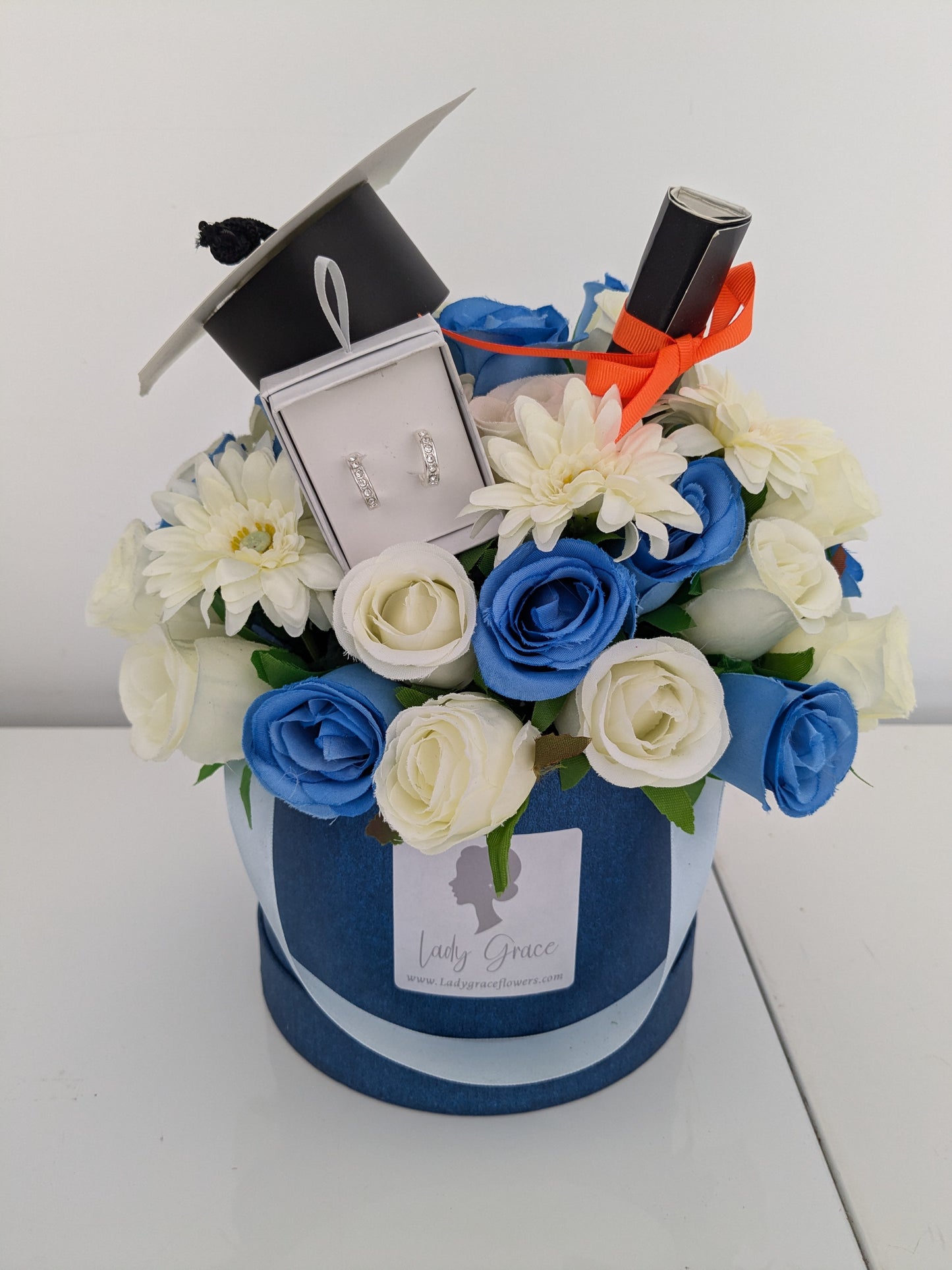 Graduation Blue & Cream Earrings Hat Box of Joy Silk Flowers