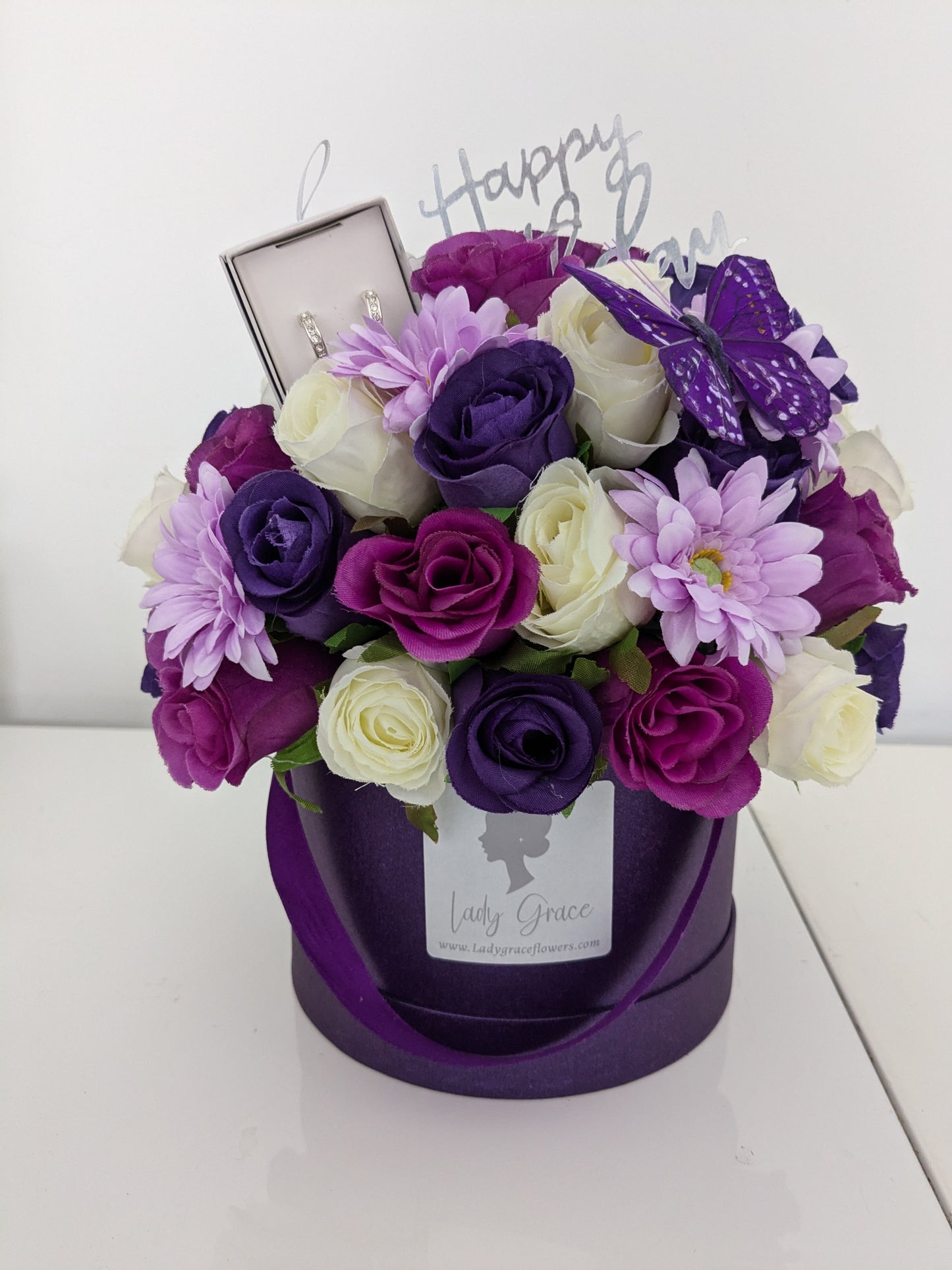 Birthday Purple Butterfly Hat Box of Joy Silk Flowers Gift