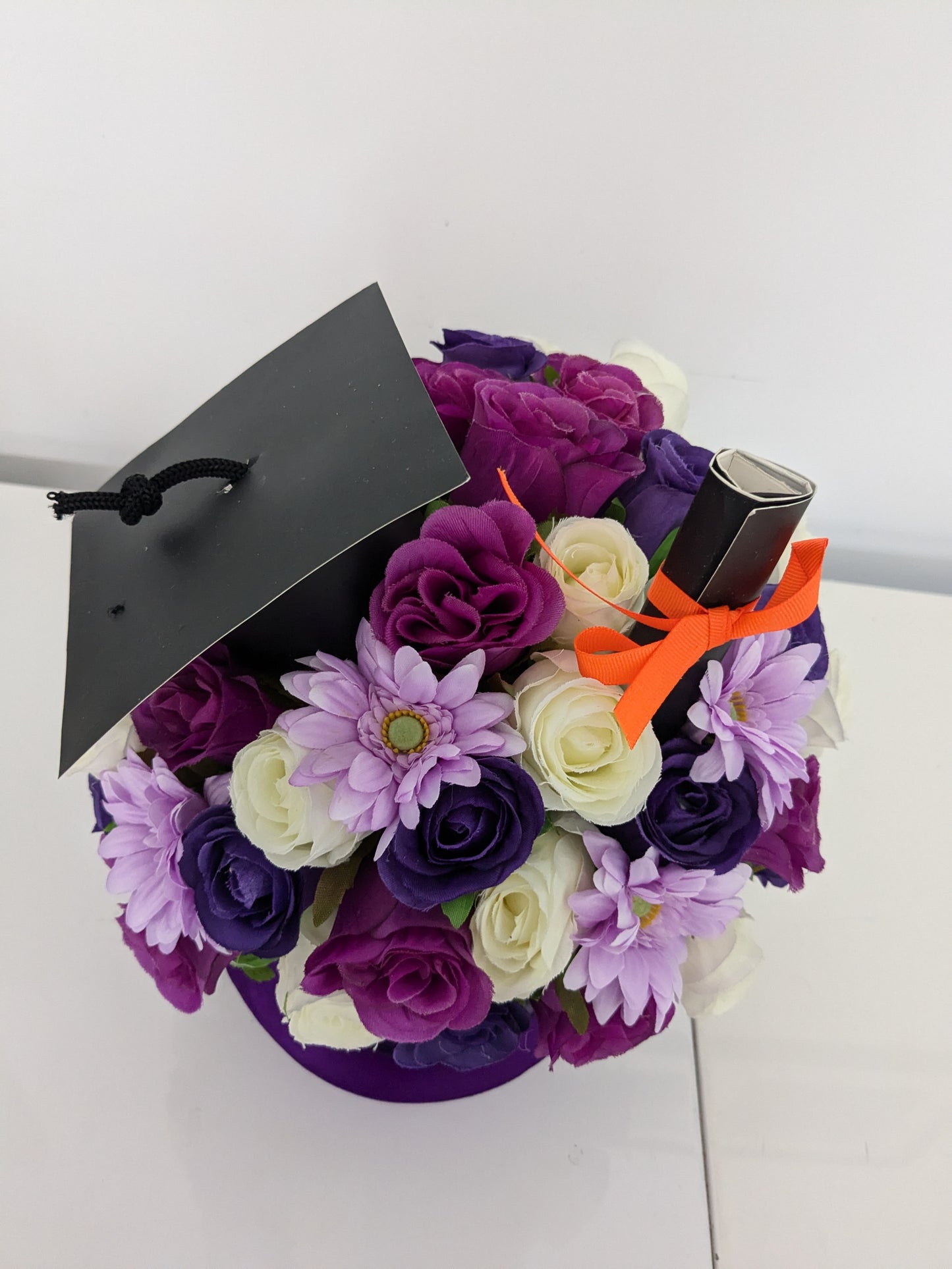 Graduation Purple Hat Box of Joy Silk Flowers Gift