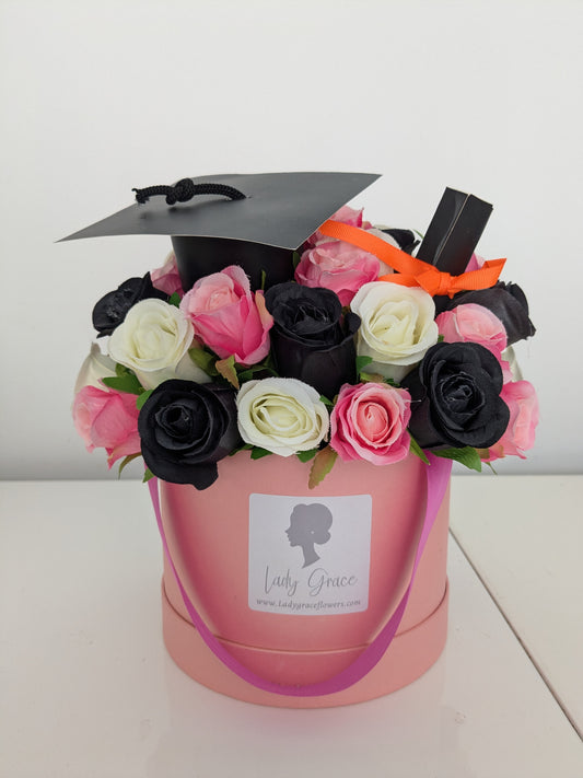 Graduation Pink Hat Box of Joy Silk Flowers Gift