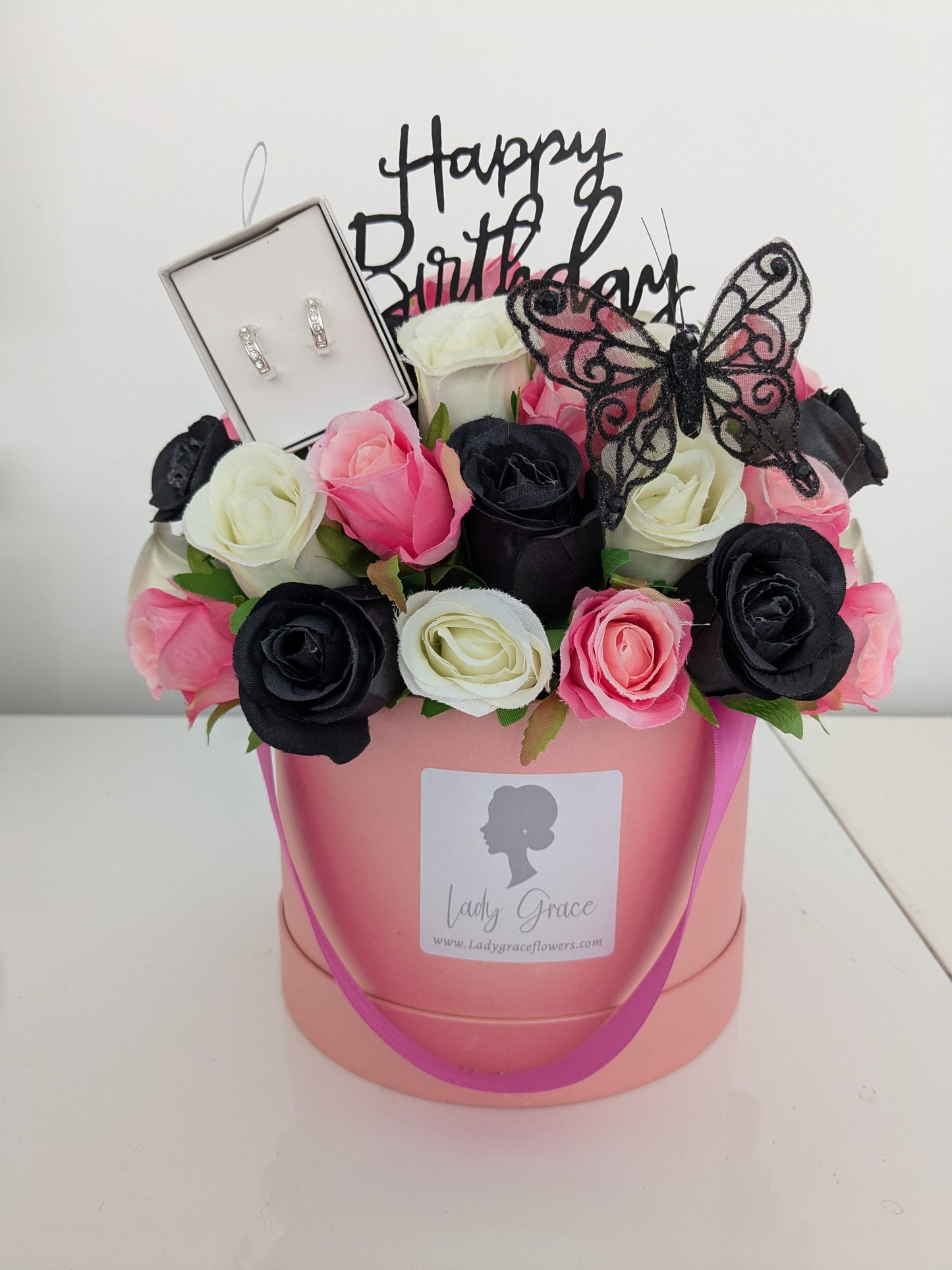 Birthday Pink & Black Butterfly Hat Box of Joy Silk Flowers Gift