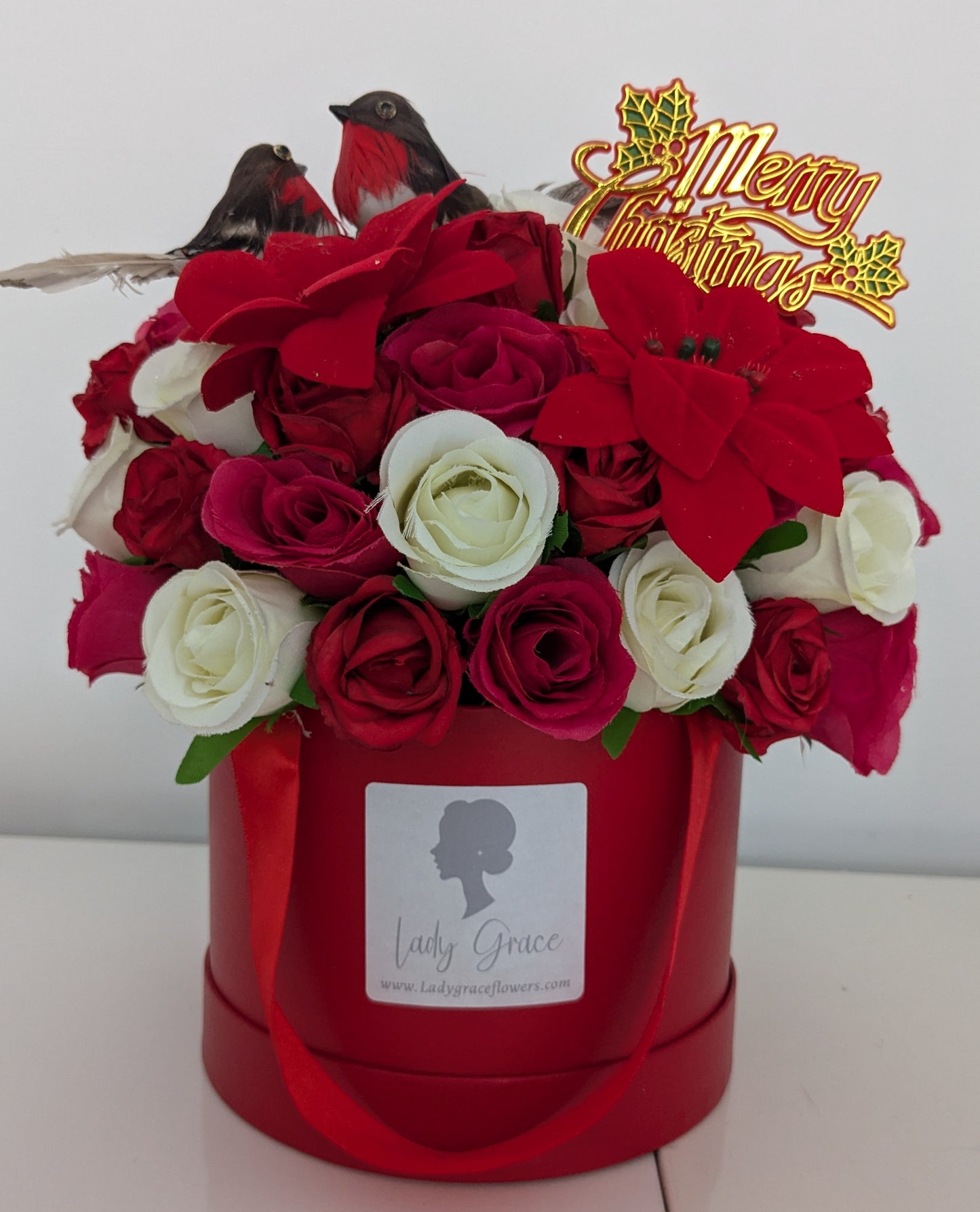 Christmas Robins Hat Box of Joy Silk Flowers Gift