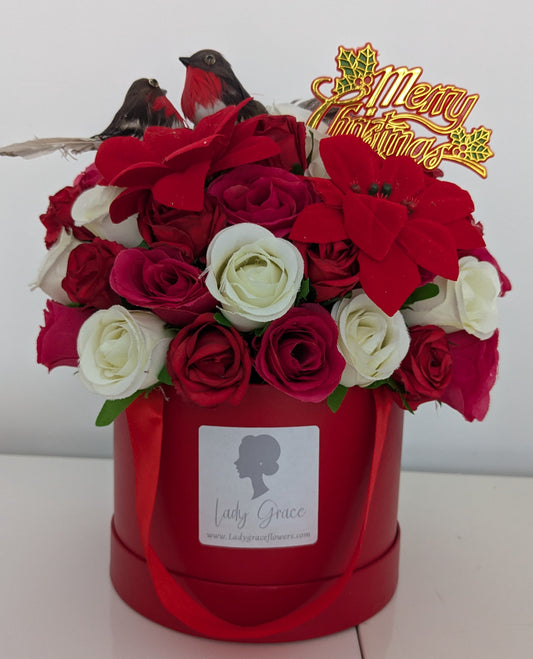 Christmas Robins Hat Box of Joy Silk Flowers Gift