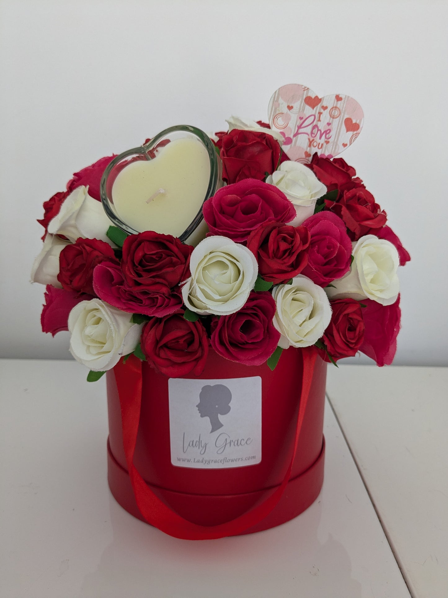 I Love You Red Hat Box of Joy Candle Silk Flowers Gift