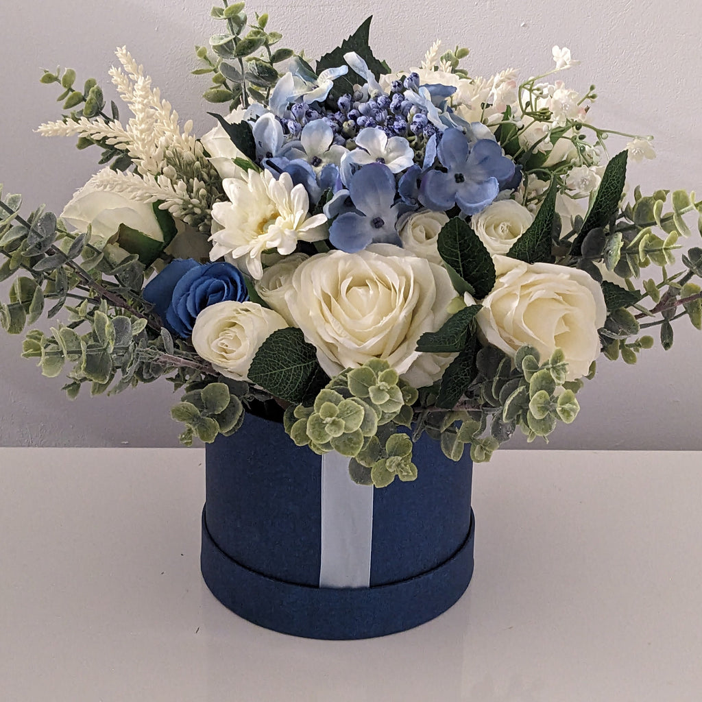 Blue & Cream Stunning Silk Flowers Hat Box