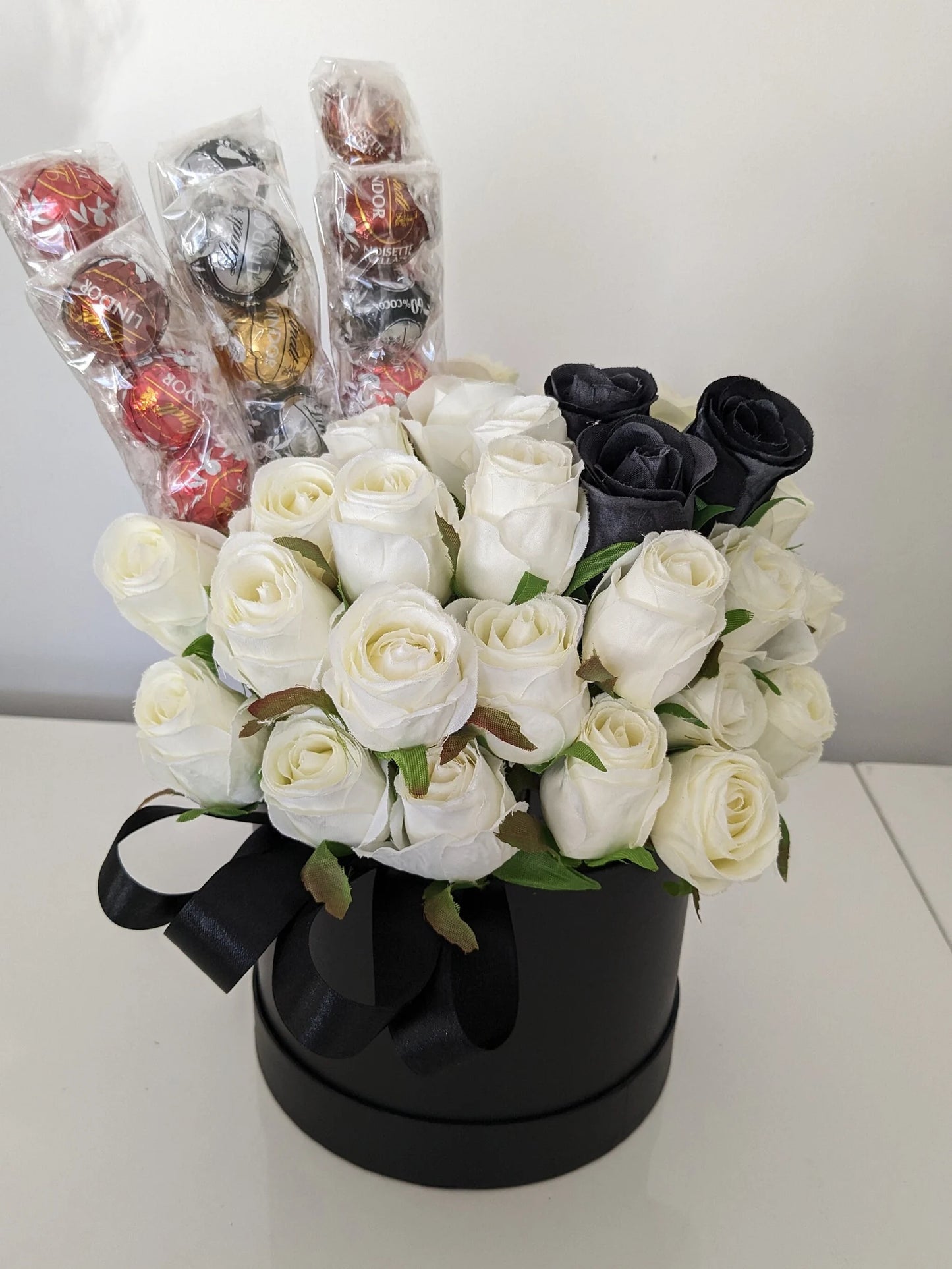 Personalised Lindt Lindor Black Stunning Silk Roses Hat Box