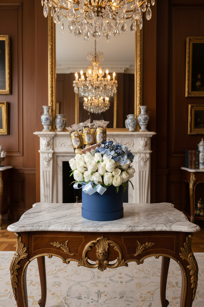 Personalised Ferrero Rocher Blue Stunning Silk Roses Hat Box