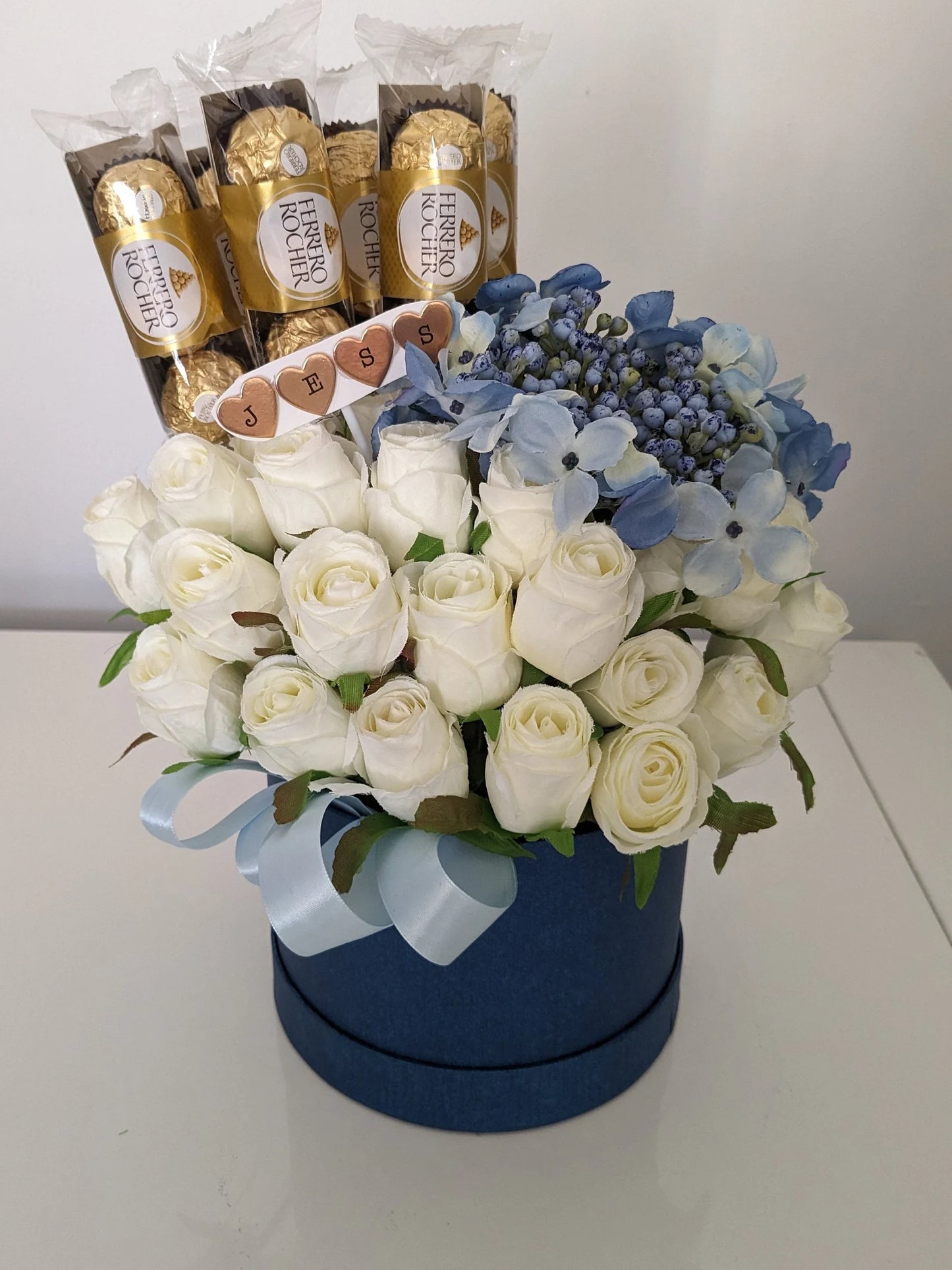 Personalised Ferrero Rocher Blue Stunning Silk Roses Hat Box