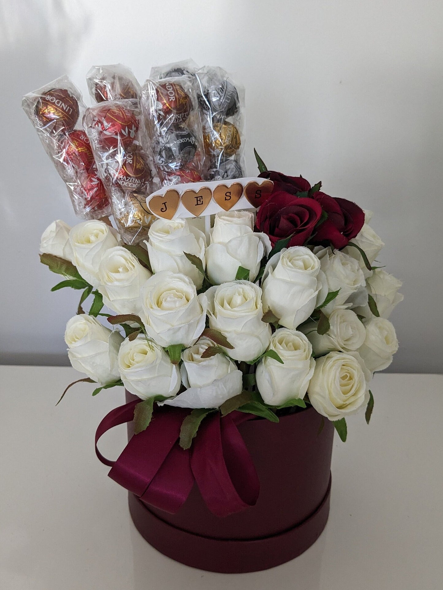 Personalised Lindt Lindor Burgundy Stunning Silk Roses Hat Box