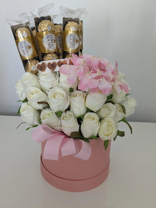 Personalised Ferrero Rocher Pink Stunning Silk Roses Hat Box