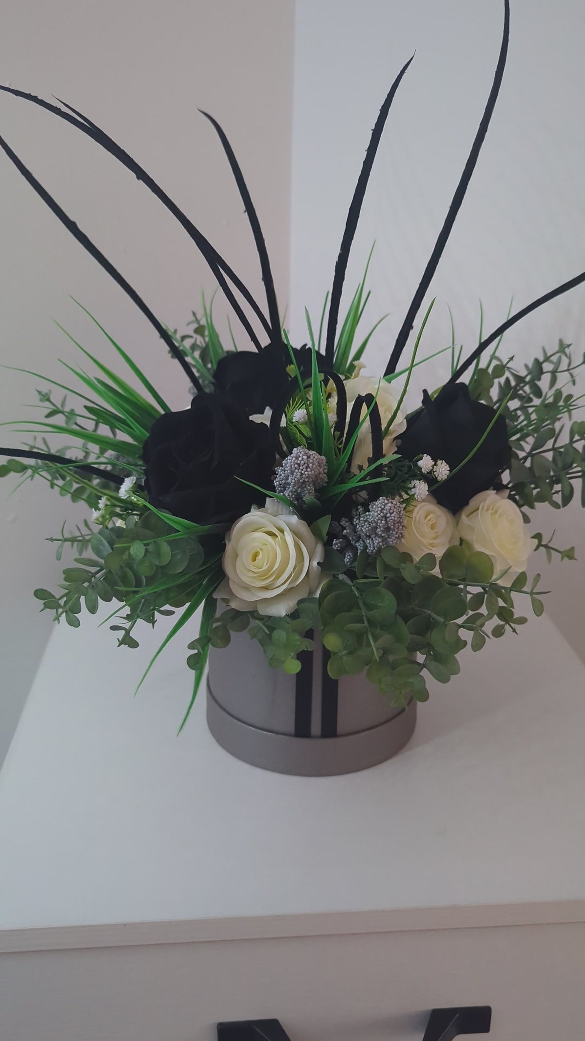 Grey/Black Silk Flowers Hat Box