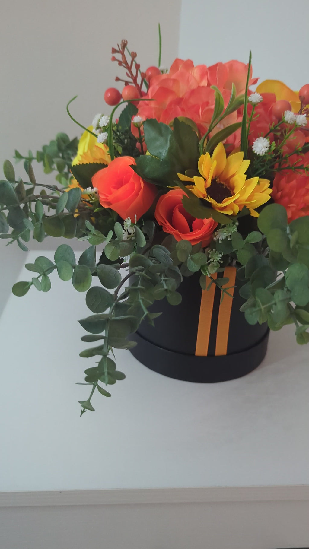 Black/Orange Silk Flowers Hat Box Gift