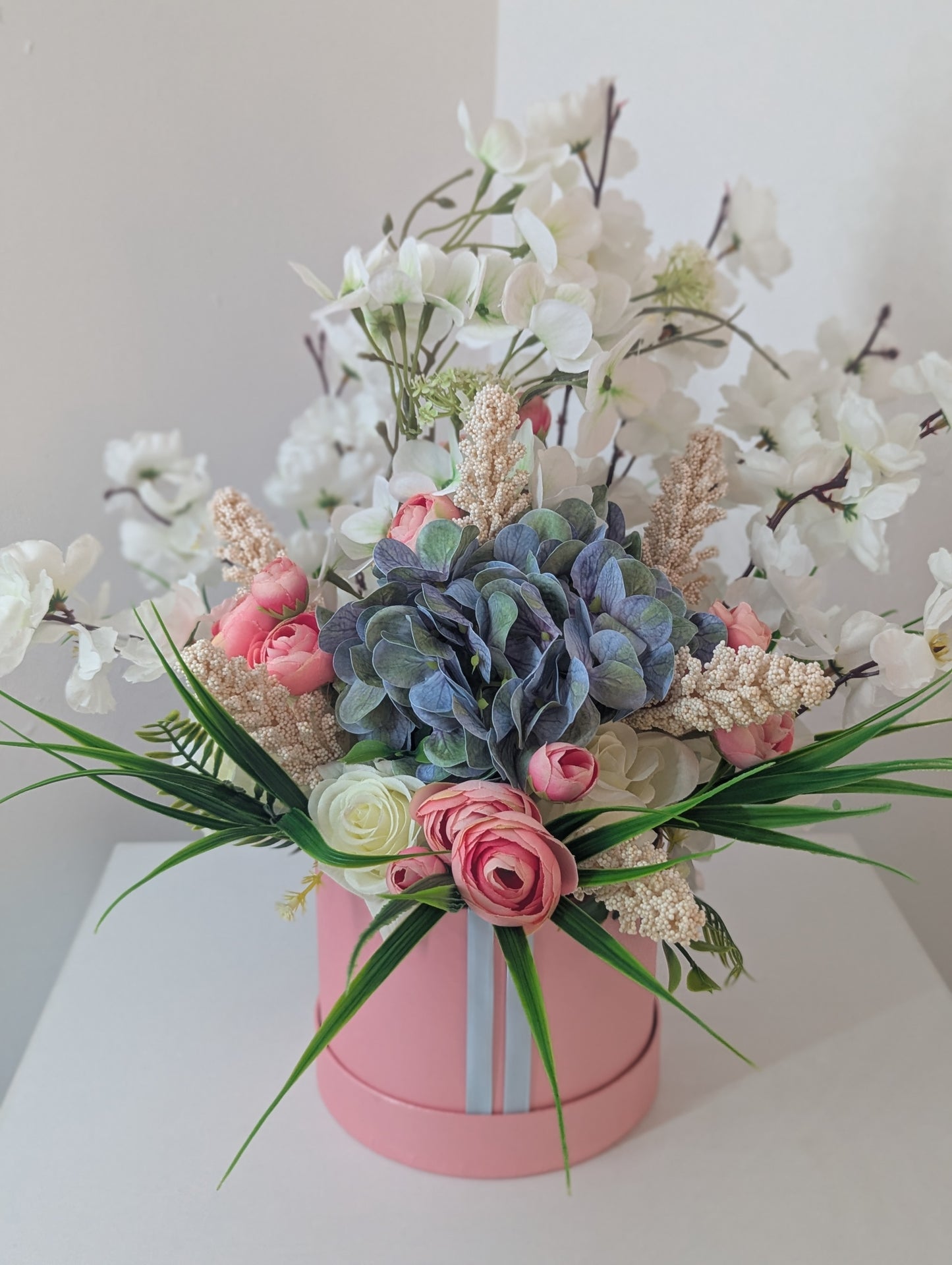Blue/Pink Silk Flowers Hat Box