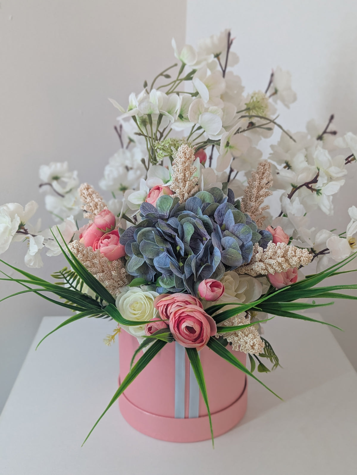 Blue/Pink Silk Flowers Hat Box