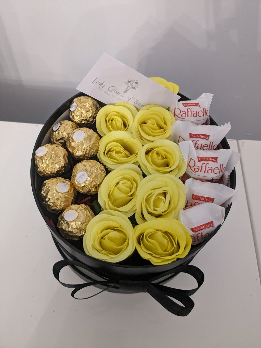 Black and Yellow Ferrero & Raffaello Hat Box Silk Flowers Gift - Large