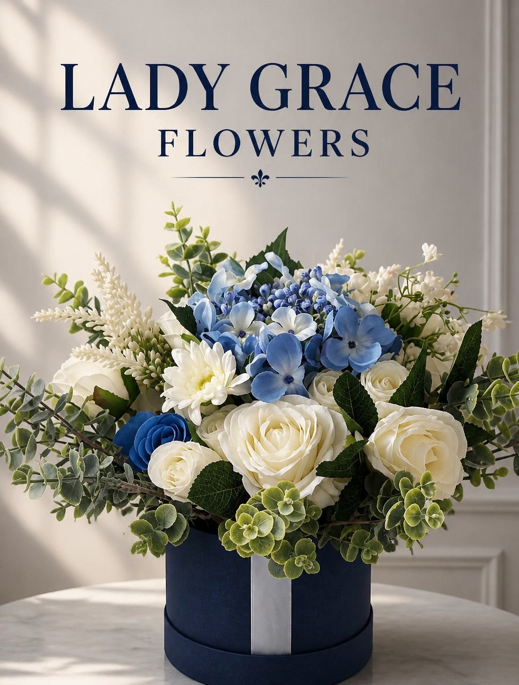 Blue & Cream Stunning Silk Flowers Hat Box