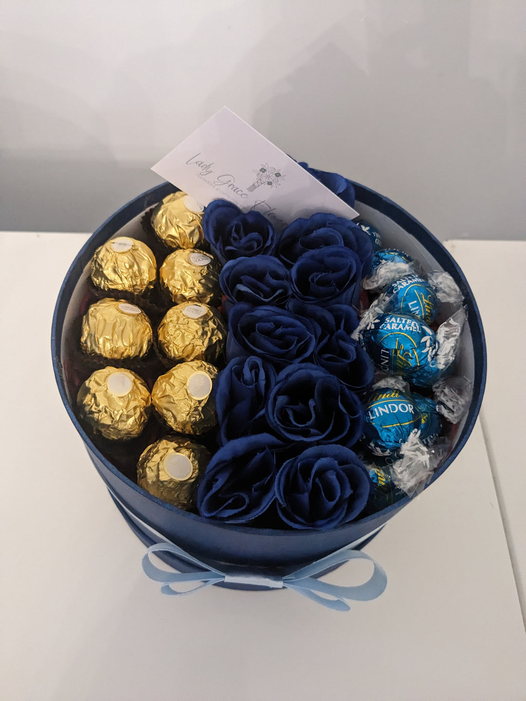 Blue Ferrero & Lindt Hat Box Silk Flowers Gift - Medium