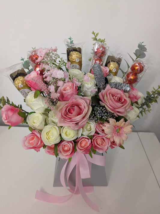 Ferrero Rocher & Lindt Lindor Silver & Pink Stunning Silk Flowers Bouquet Gift