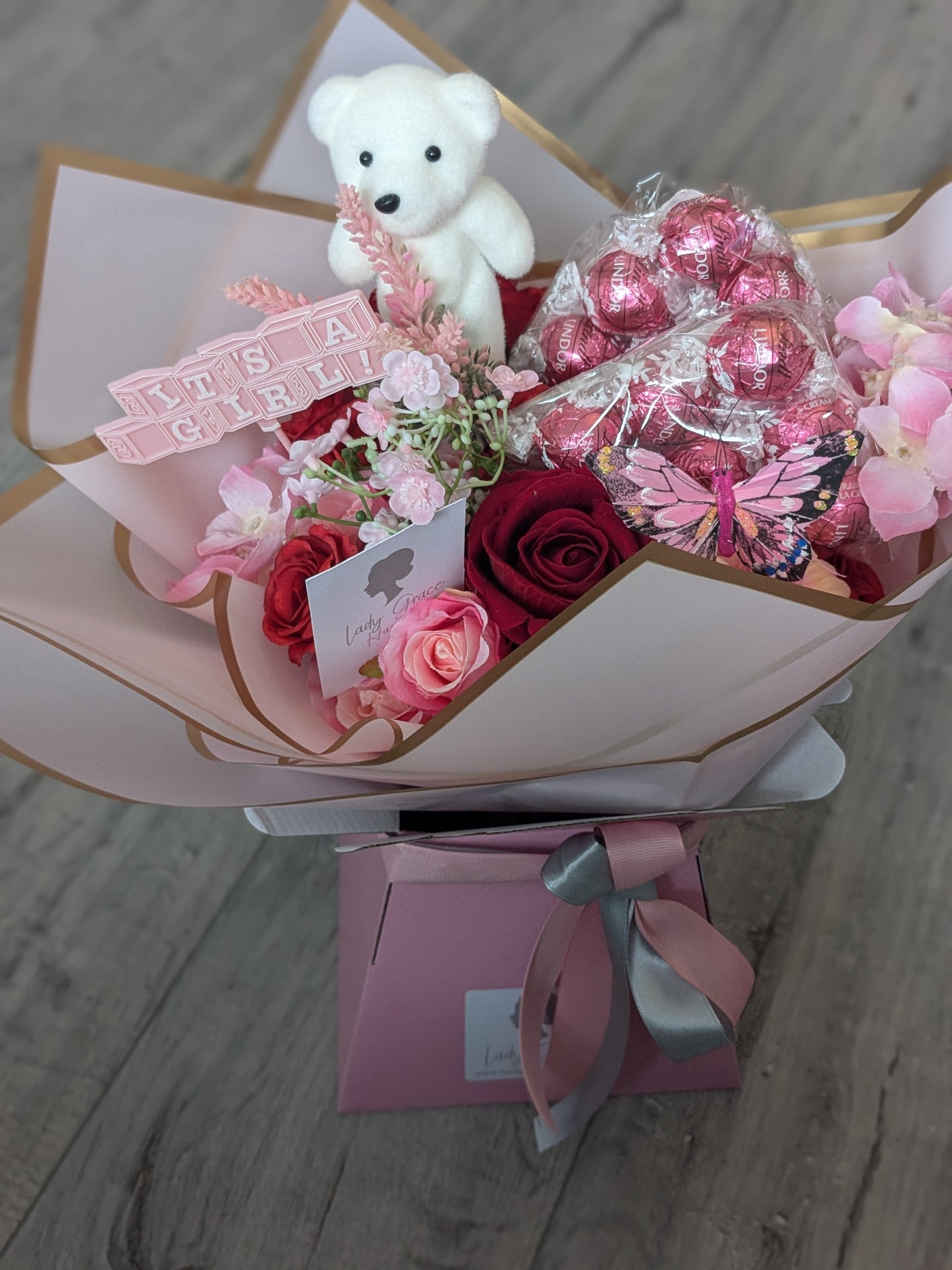 Baby Girl Strawberry and Cream Lindt Stunning Handtied Bouquet