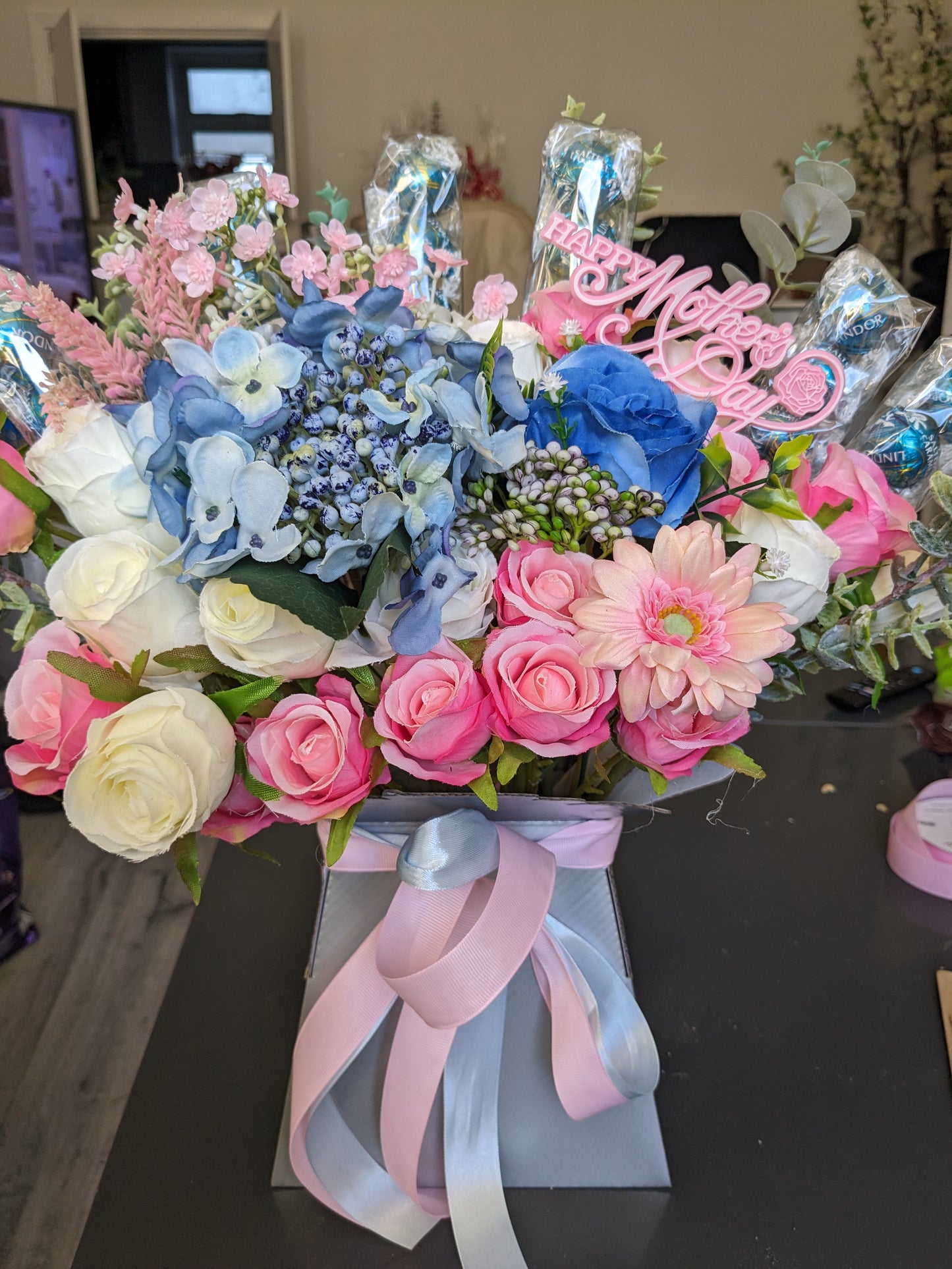 Lindt Lindor Silver Pink & Blue Stunning Silk Flowers Bouquet Gift