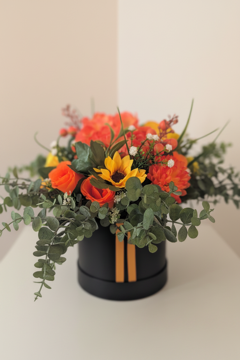 Black/Orange Silk Flowers Hat Box Gift