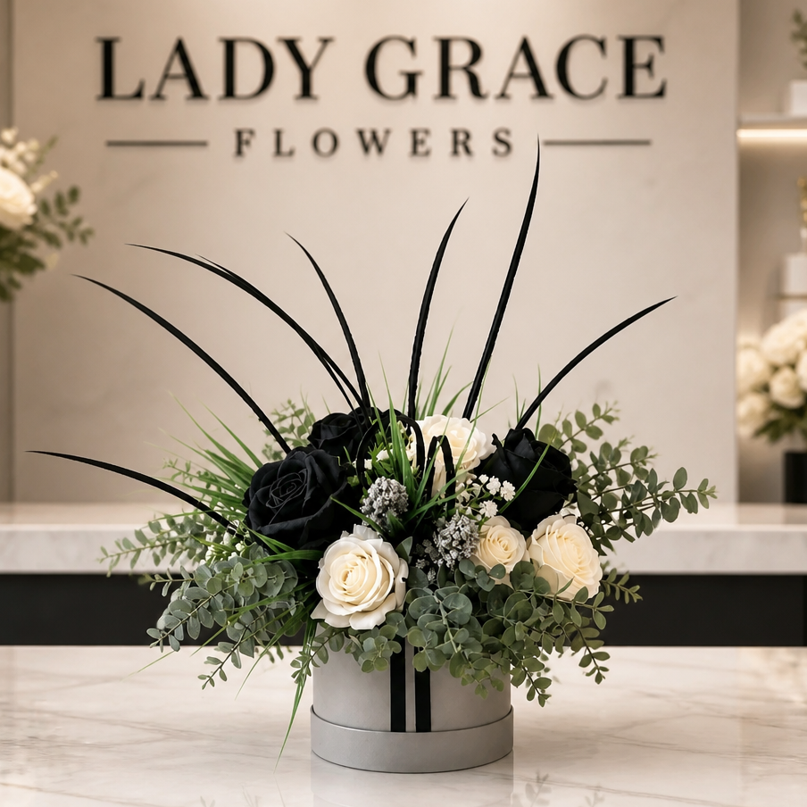 Grey/Black Silk Flowers Hat Box