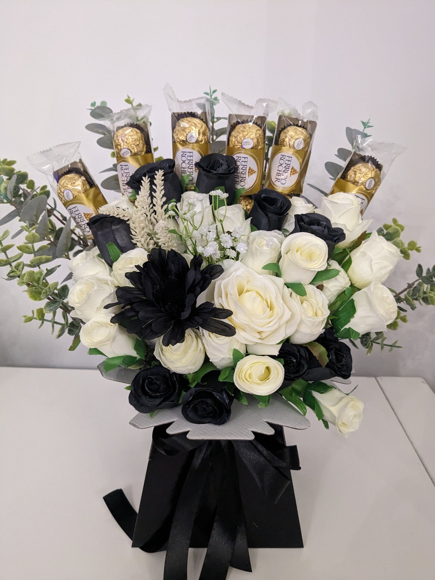 Ferrero Rocher Black & Cream Stunning Silk Flowers Bouquet Gift