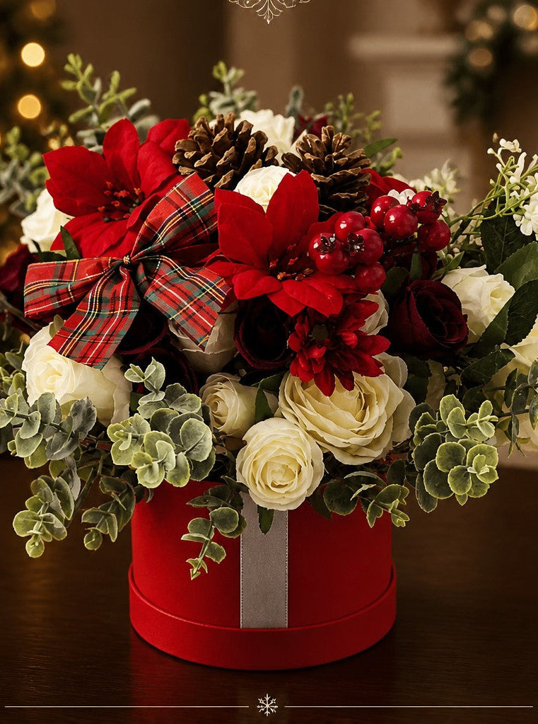 Christmas Winter Red & Cream Stunning Silk Flowers Hat Box