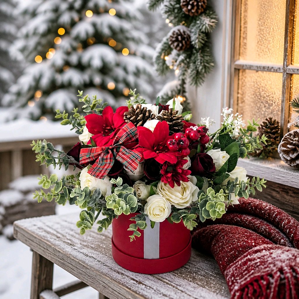 Christmas Winter Red & Cream Stunning Silk Flowers Hat Box