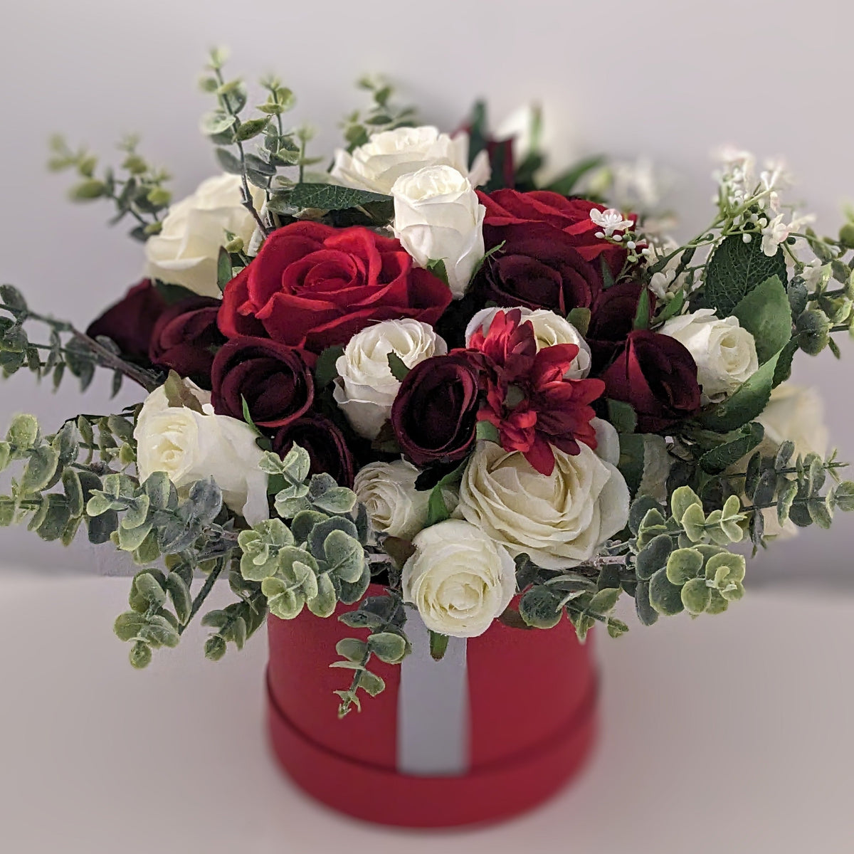 Red & Cream Stunning Silk Flowers Hat Box