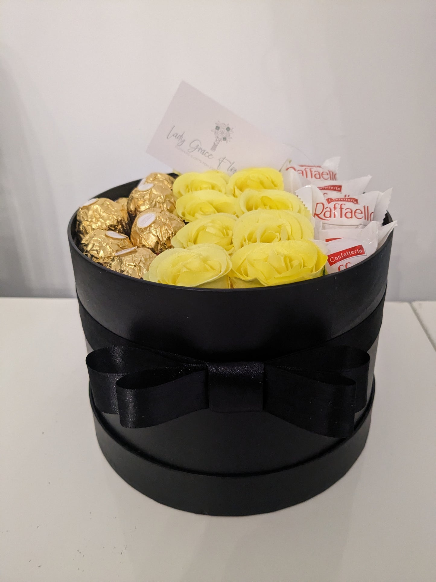 Black and Yellow Ferrero & Raffaello Hat Box Silk Flowers Gift - Small