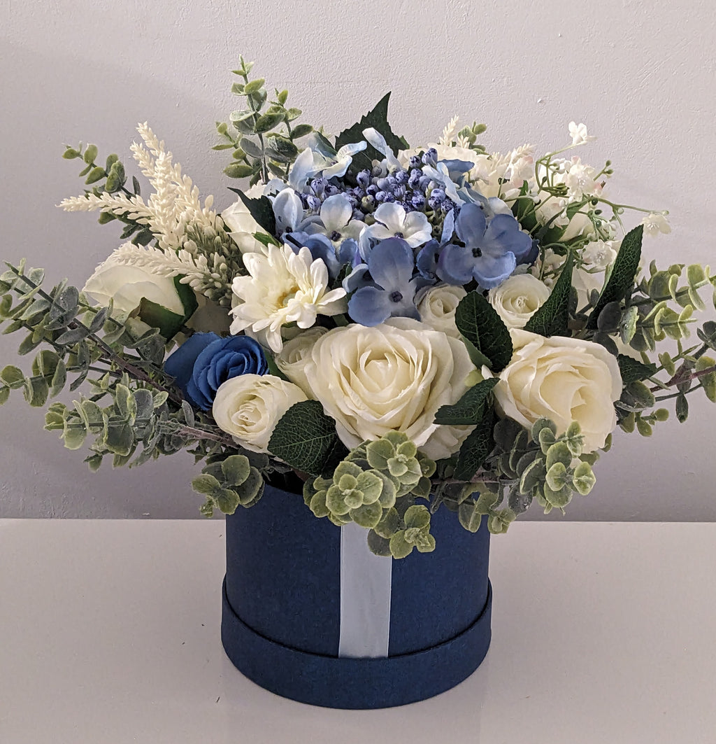 Blue & Cream Stunning Silk Flowers Hat Box
