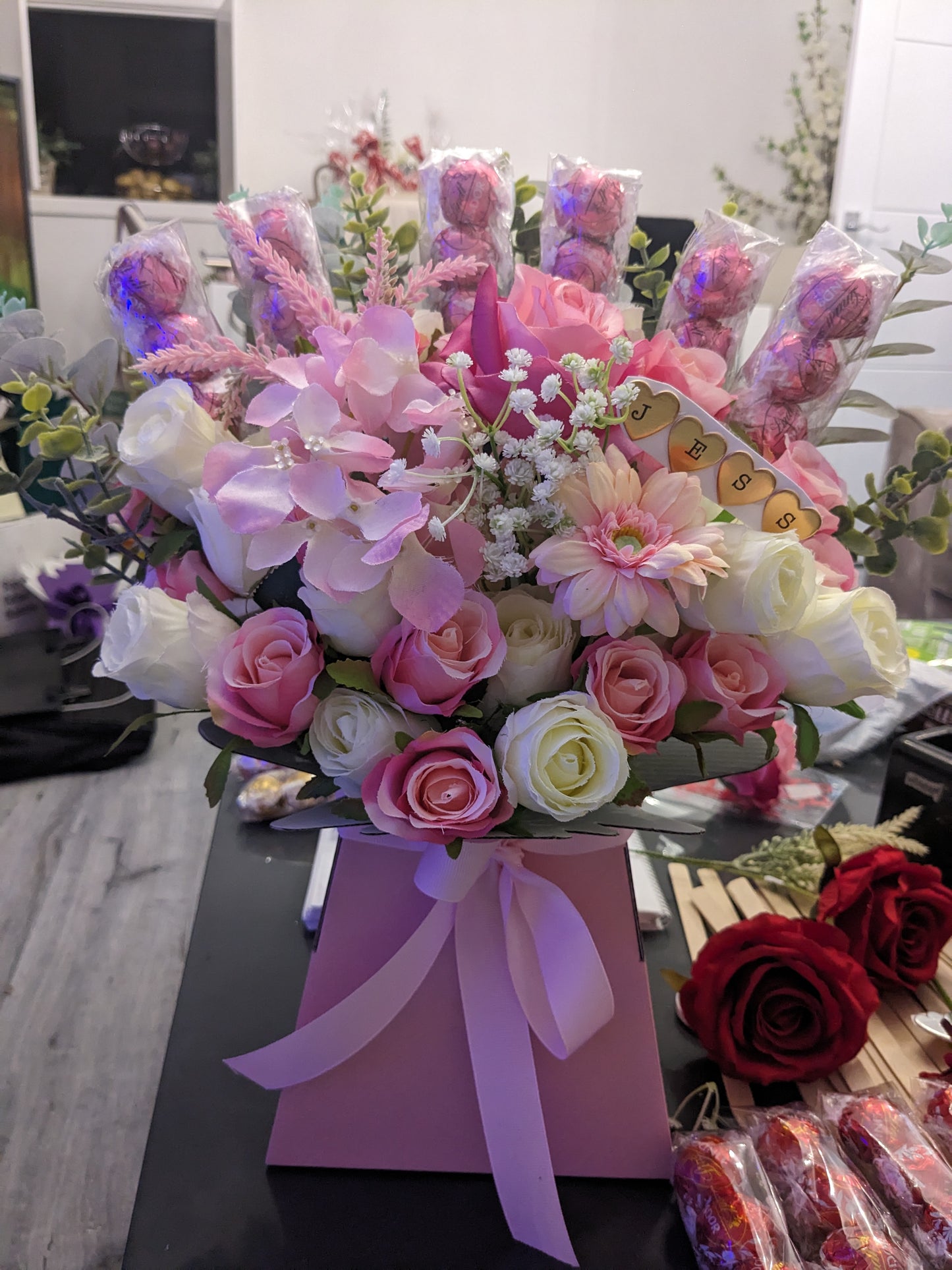 Personalised Lindt Lindor Pink Stunning Silk Flowers Bouquet Gift