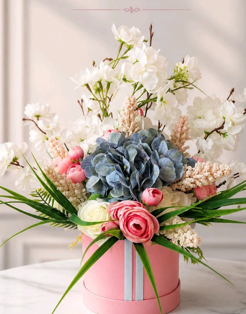 Pink & Blue Stunning Silk Flowers Hat Box