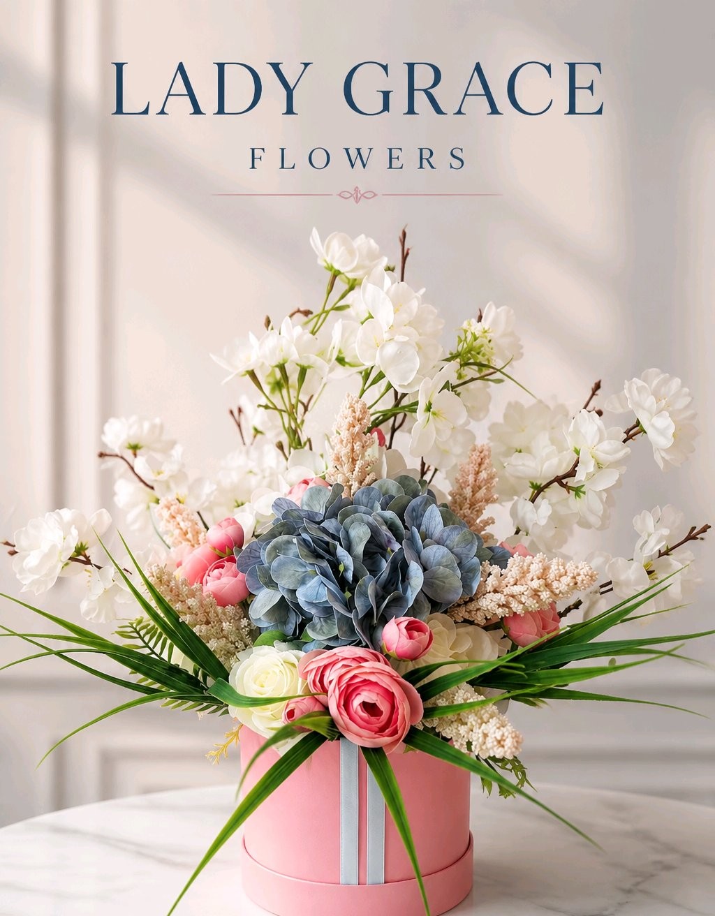 Pink & Blue Stunning Silk Flowers Hat Box
