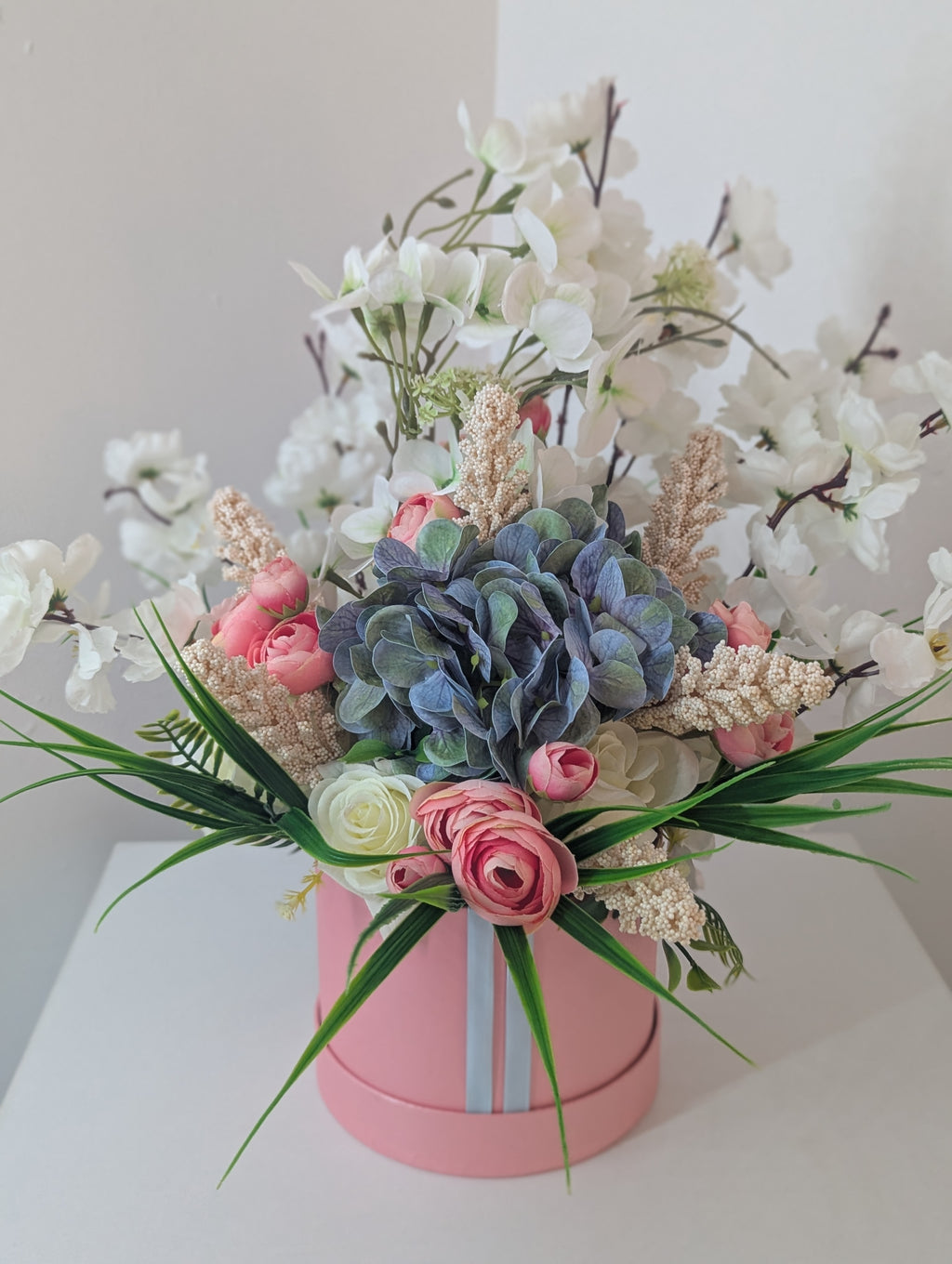Pink & Blue Stunning Silk Flowers Hat Box