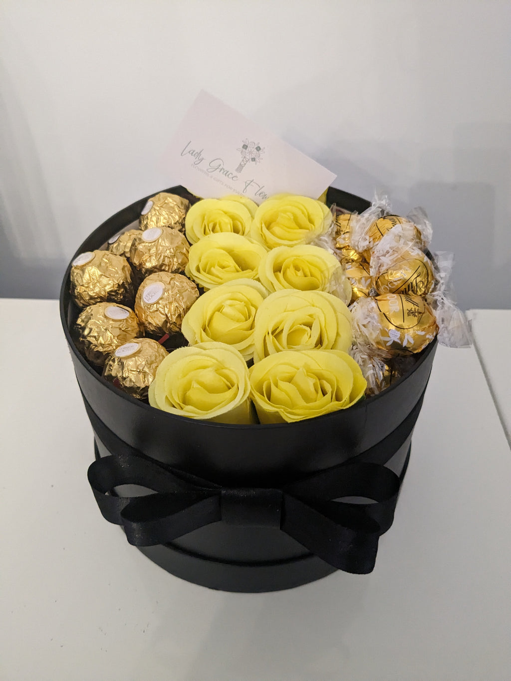 Black and Yellow Ferrero & White Lindt Hat Box Silk Flowers Gift - Large